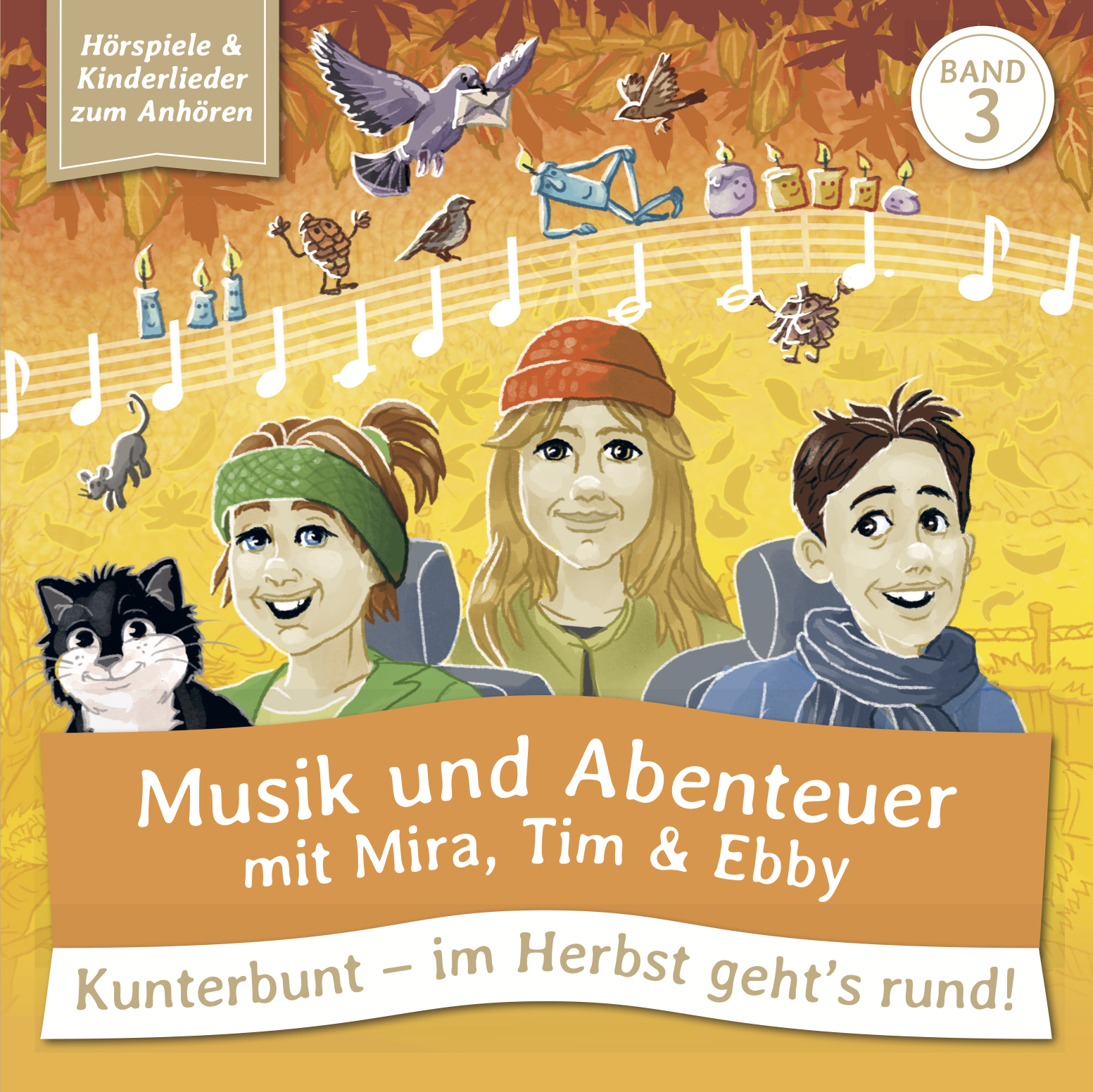 Cover von Band 3 "Kunterbunt - im Herbst geht's rund!" von Musik und Abenteuer mit Mira, Tim und Ebby.